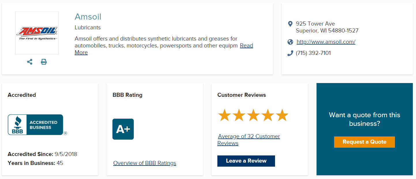 Amsoil Reviews BBB Rating Summary